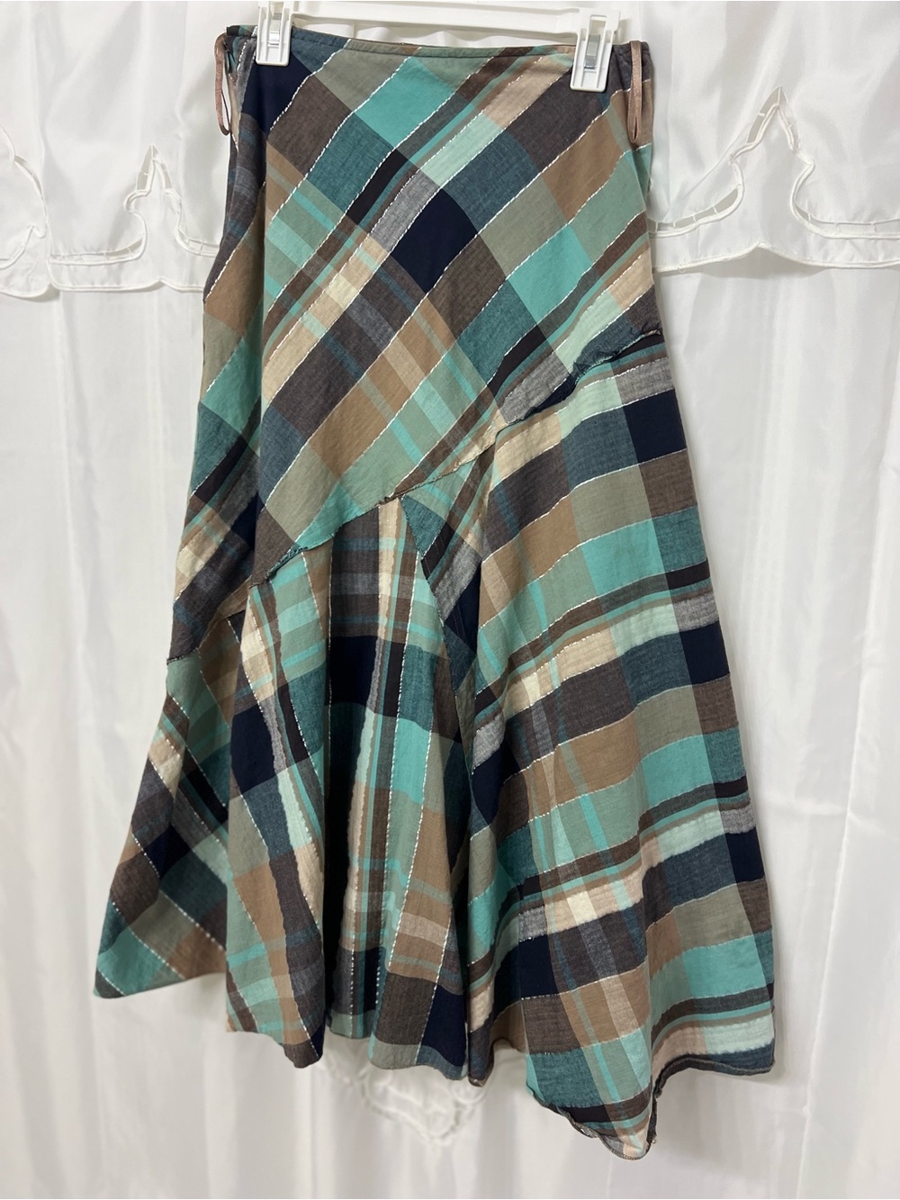 Mix Nouveau New York Patchwork Plaid Asymmetrical Midi Skirt Boho M